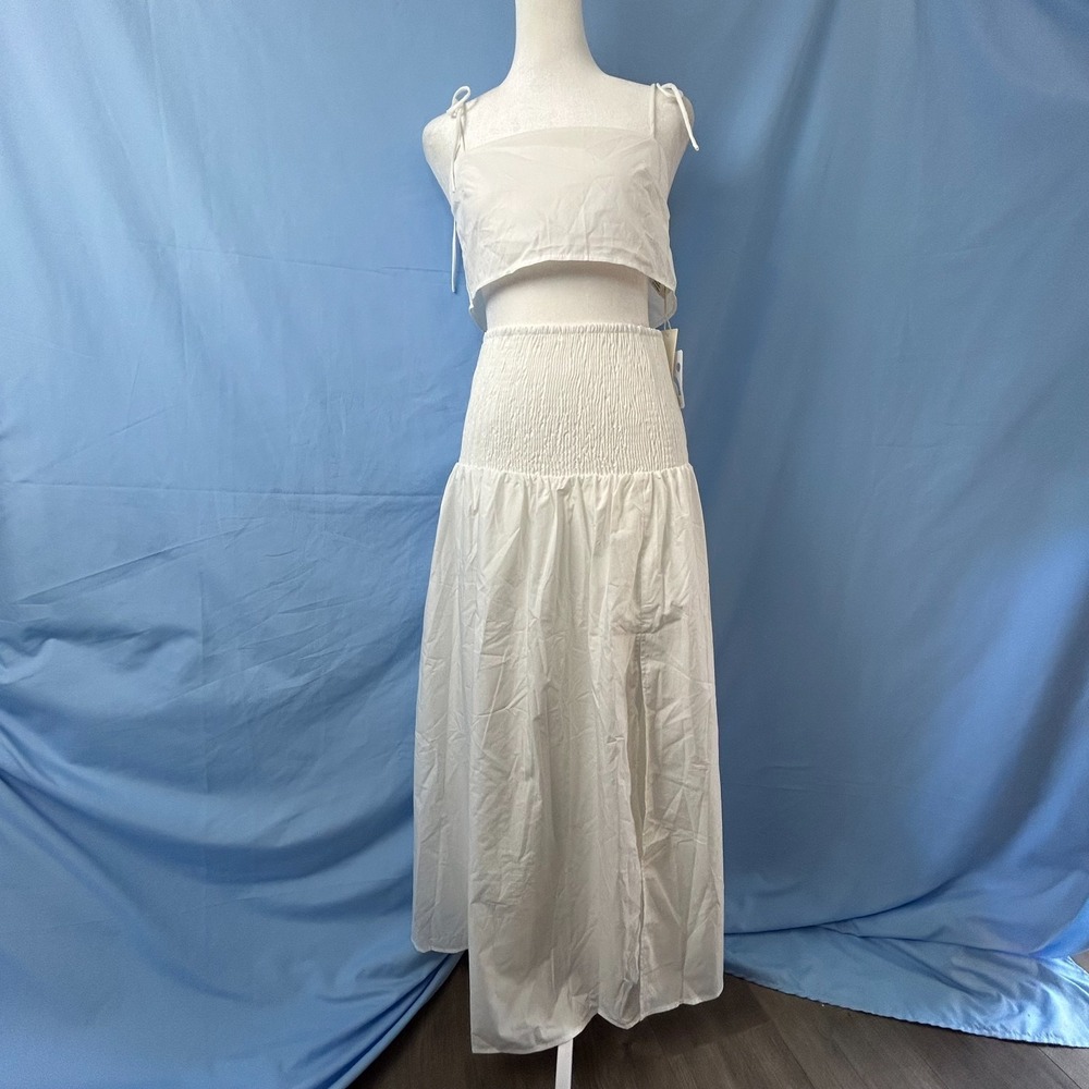 Commense Shirred Waist Split Thigh Skirt Set Womens XS White Stretch Relaxed Fit